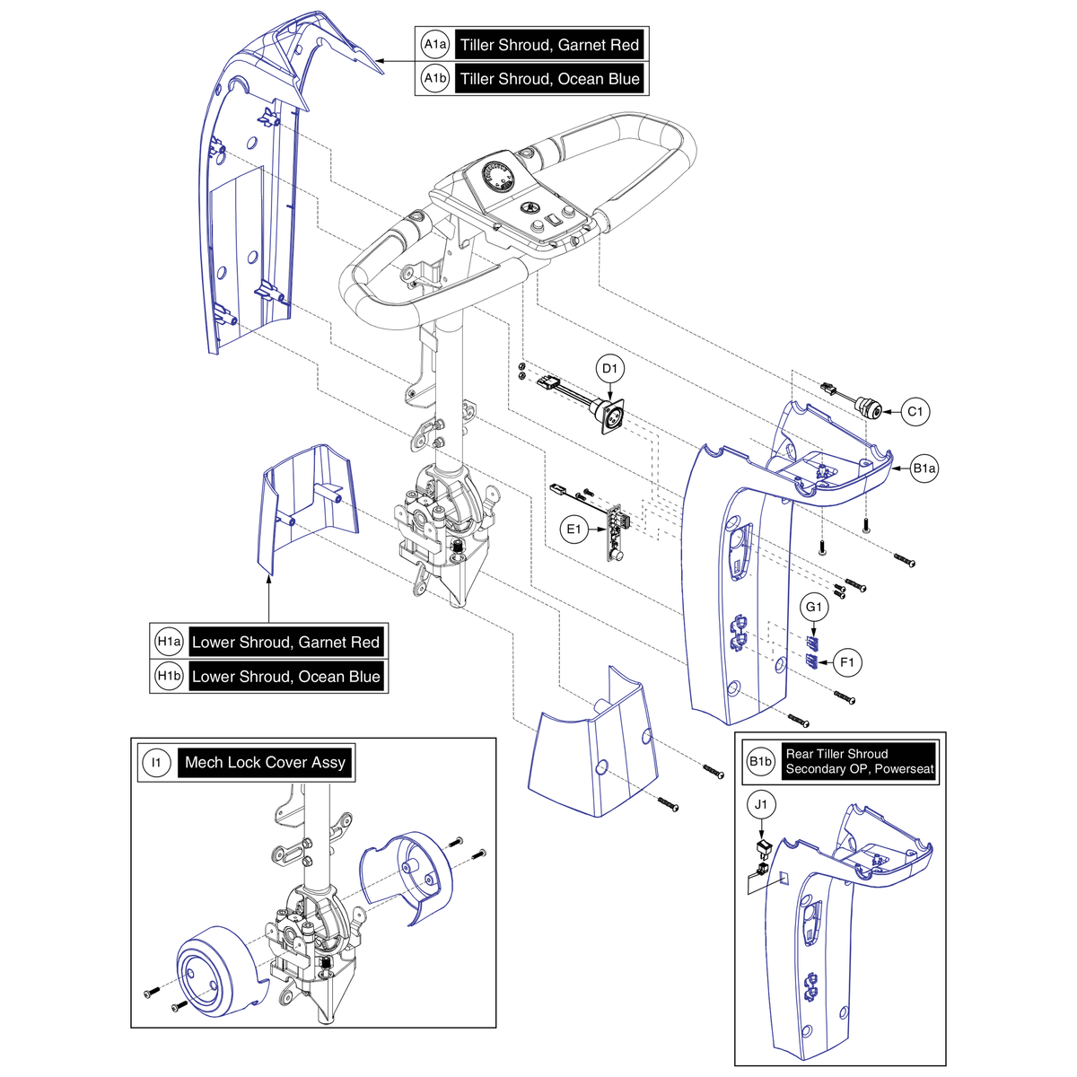 Pride Mobility DGN1807204-PBU11 front tiller shroud ocean blue parts diagram
