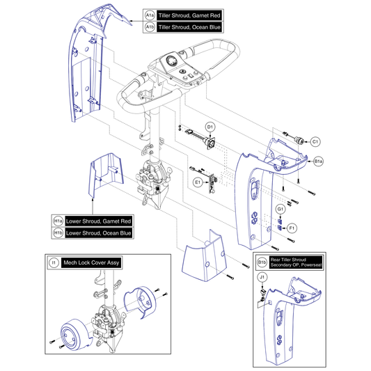 Pride Mobility DGN1807204-PBU11 front tiller shroud ocean blue parts diagram