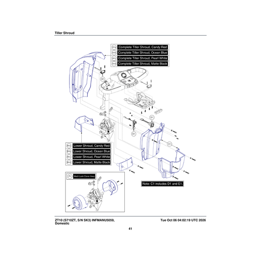 Pride Mobility DGN1810294 front tiller shroud assembly candy red zt 10 parts diagram