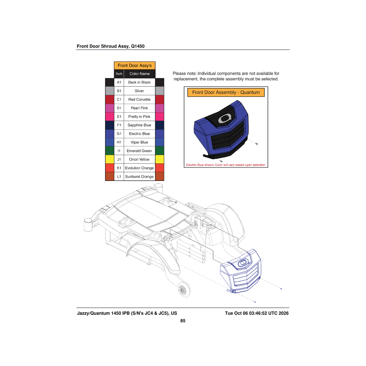 Pride Mobility DGN1908209 front door shroud assembly evolution orange quantum1450 parts diagram