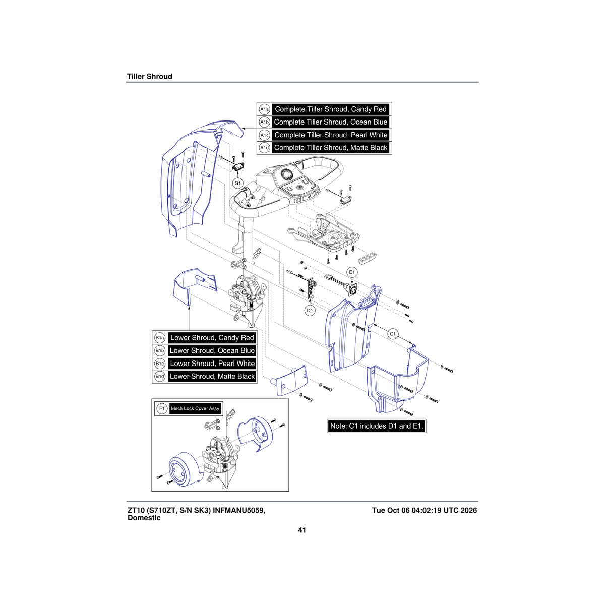 Pride Mobility DGN2005117 front tiller shroud assembly matte black zt 10 parts diagram