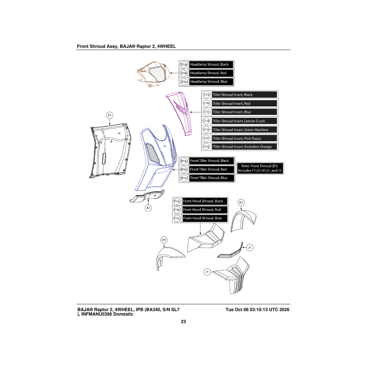 Pride Mobility DGN2206159 front tiller shroud assembly with lights 2 4 wheel ba340 parts diagram