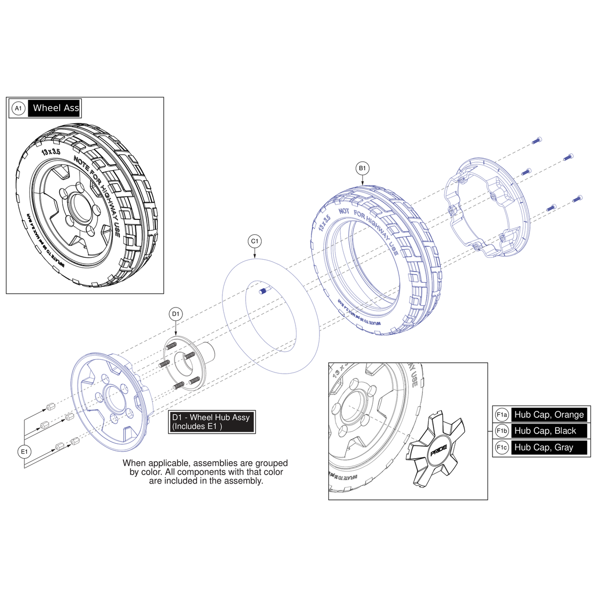 Pride Mobility DGN2206531-TGY2-PGY5 hub cap 5-spoke gray parts diagram