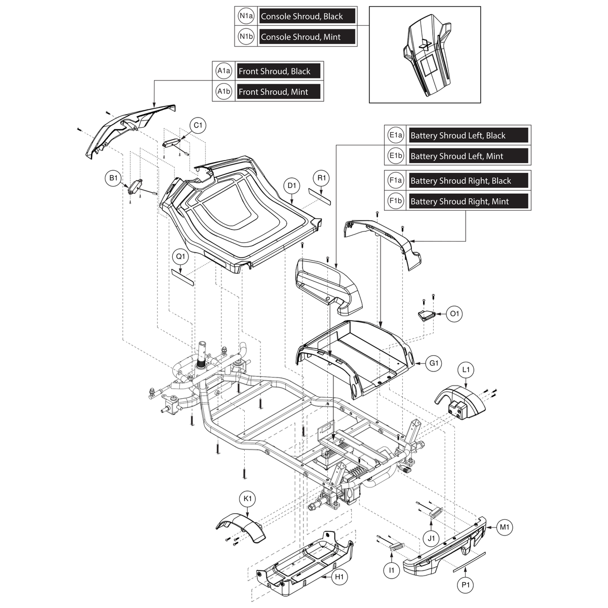 Pride Mobility DGN2301755-PGN12 battery shroud left mint parts diagram