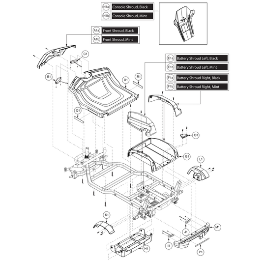 Pride Mobility DGN2301759-PGN12 front shroud mint parts diagram