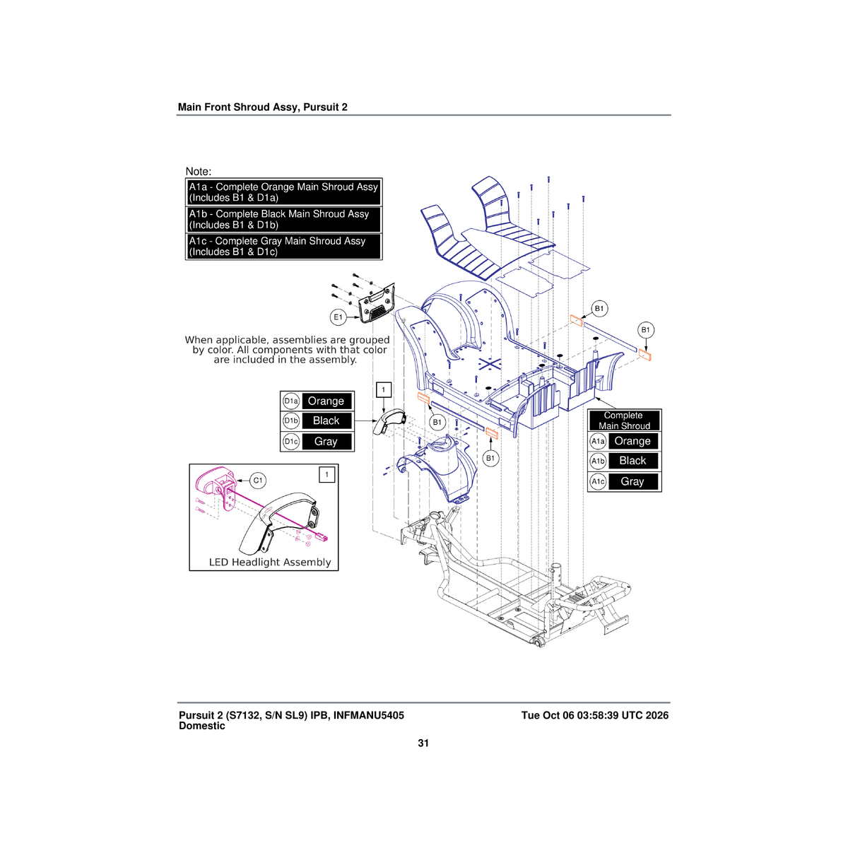 Pride Mobility DGN2302156 front body shroud assembly pct-blk-01 ppw-blk-01 parts diagram