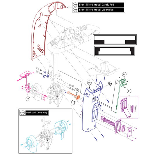 Pride Mobility (DGN2304986-Y), Pride parts diagram of the VA Victory 10 tiller shroud showing the black rear tiller shroud assembly with yellow tiller lever, magnetic charger ready, item B1.