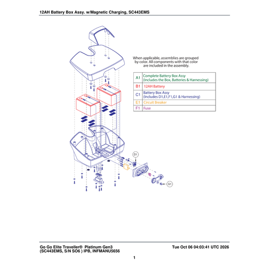 Pride Mobility DGN2305238 12 Amp Magnetic Charging Battery Box Assembly parts diagram