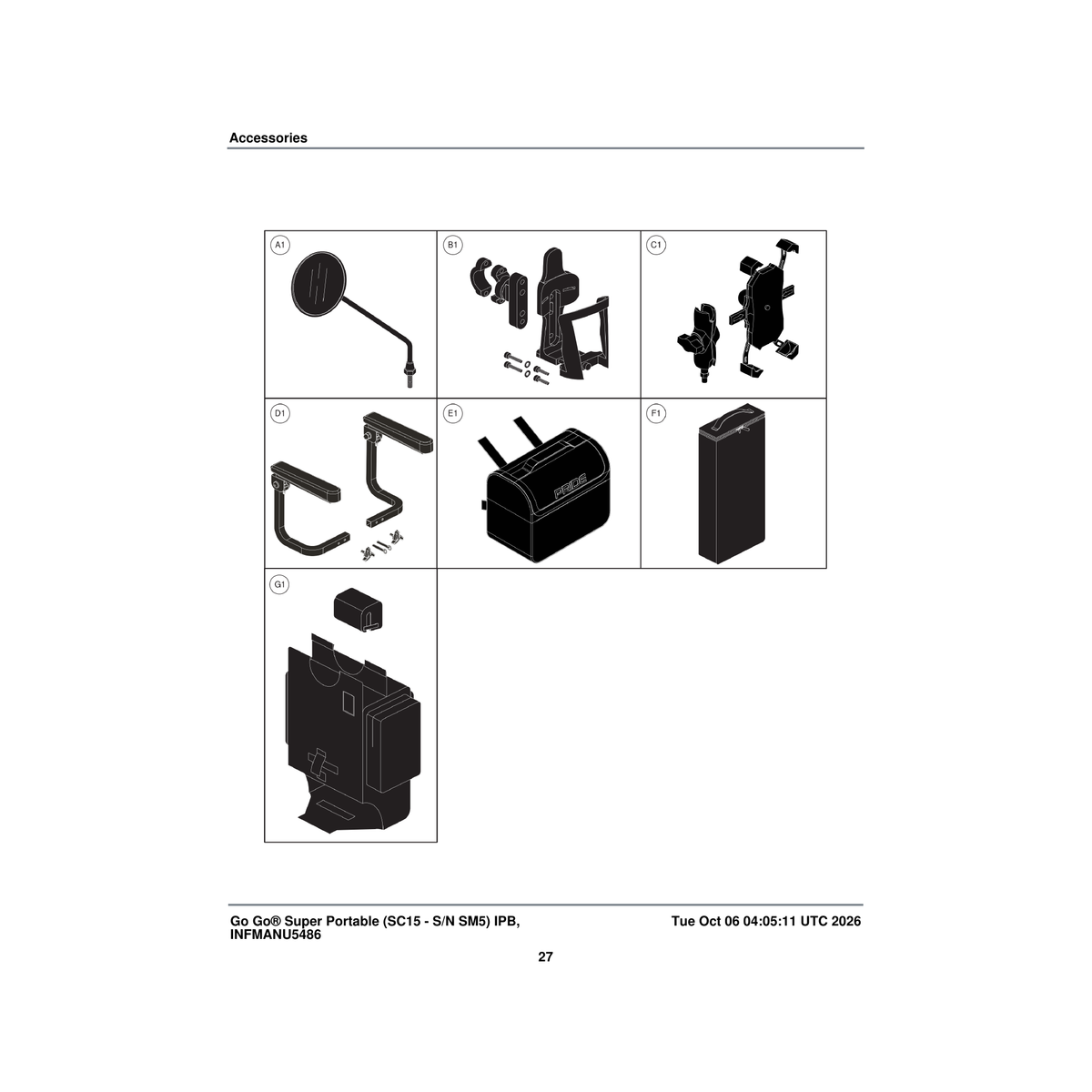 Pride Mobility DGN2401011 fabric basket parts diagram