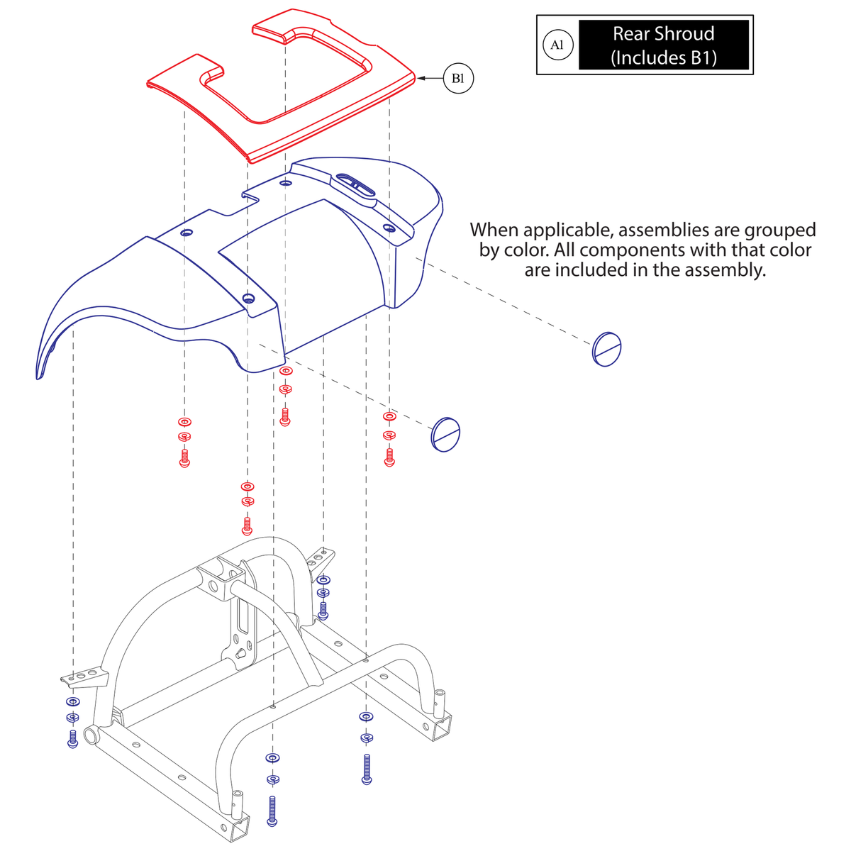 Pride Mobility DGN2500431 rear body shroud assembly red parts diagram