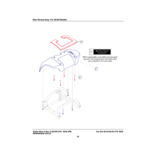 Pride Mobility DGN2507910 rear body shroud assembly black with texture parts diagram