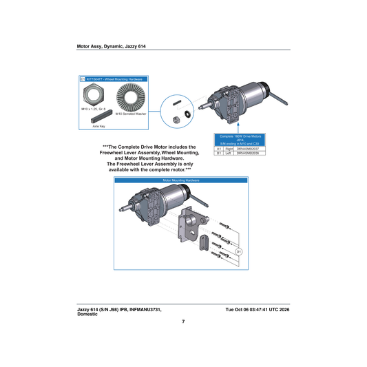 Pride Mobility DRVASMB2036 drive motor assembly inline 160 watt with gearbox left jazzy614 parts diagram
