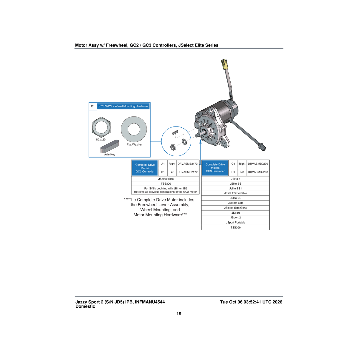 Pride Mobility DRVASMB2173 drive motor assembly with freewheel & mounting hardware right parts diagram
