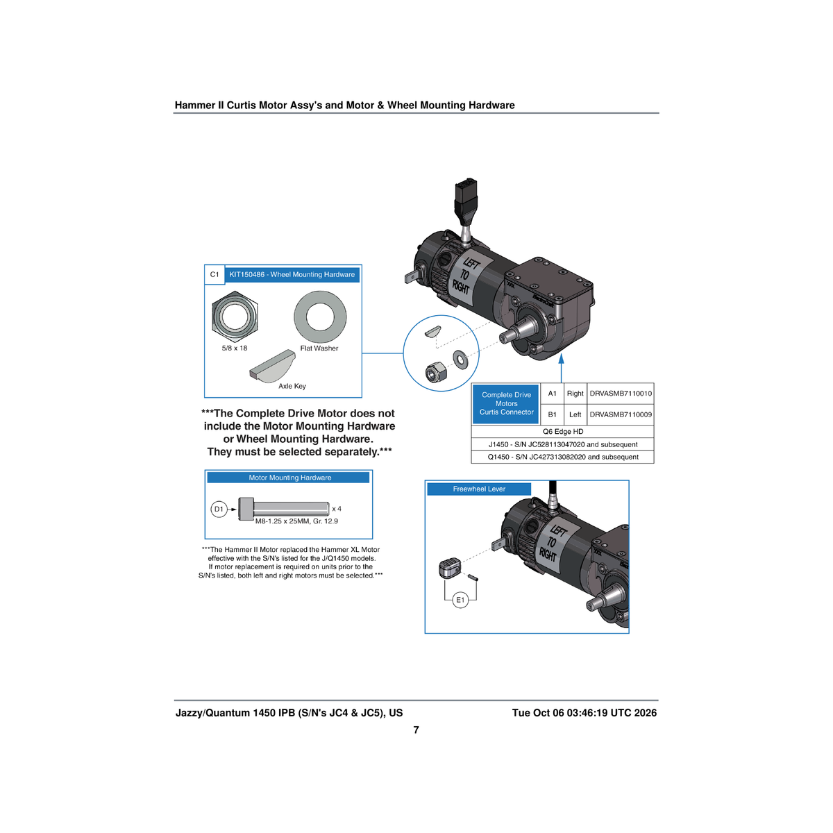 Pride Mobility DRVASMB7110009 drive motor assembly 64 hammer ii with gearbox 3700rpm motor 32.79:1 gear ratio tapered sh part