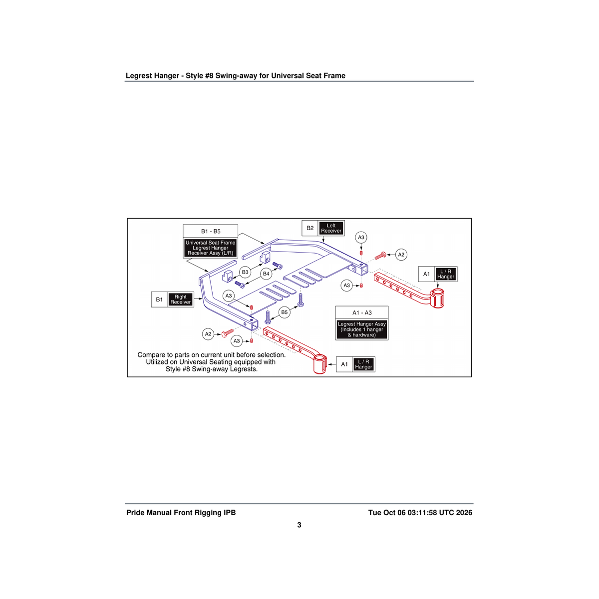 Pride Mobility DWR1010D310 legrest hanger weldment elr/s/a # 8 universal seat frame parts diagram