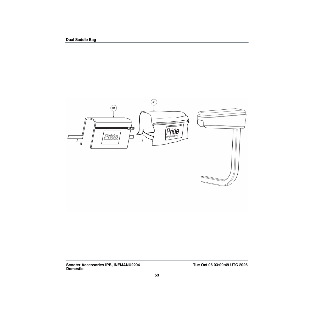Pride Mobility DWR1020D010 dual saddle bag 12.5 inch x 9.875 inch arm mount pride logo parts diagram