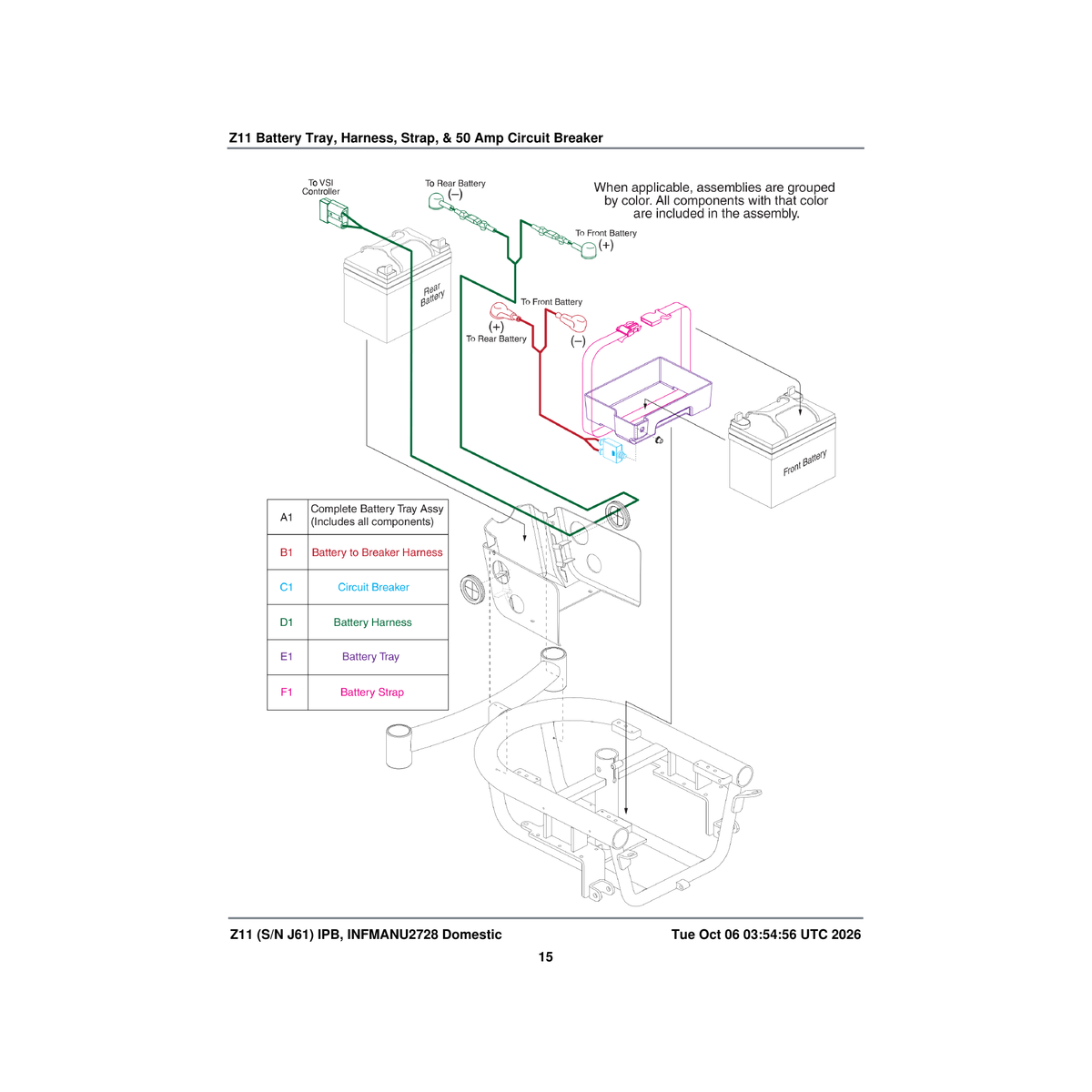 Pride Mobility DWR1054H001 harness positive battery terminal to circuit breaker jumper parts diagram