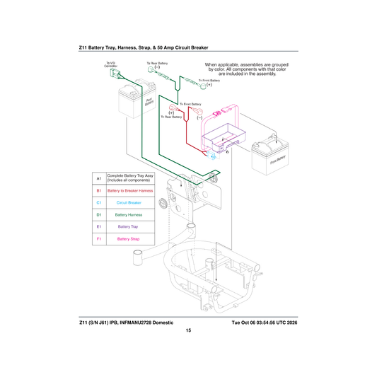 Pride Mobility DWR1054H001 harness positive battery terminal to circuit breaker jumper parts diagram