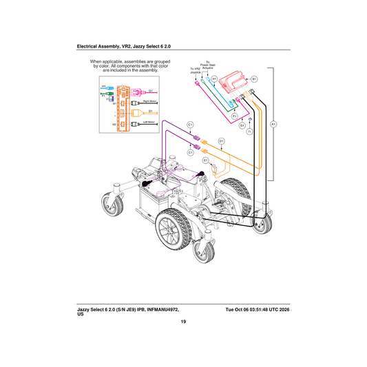 Pride Mobility DWR1116H054 harness run plug 3 pin vr2 parts diagram