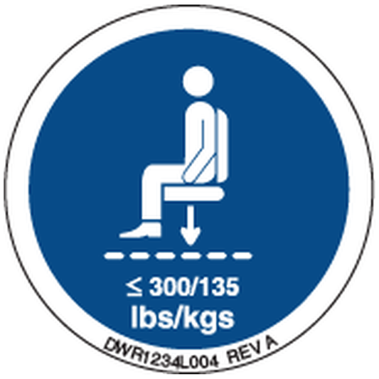 Pride Mobility DWR1234L004 decal icon maximum weight capacity 300lbs/135 kg