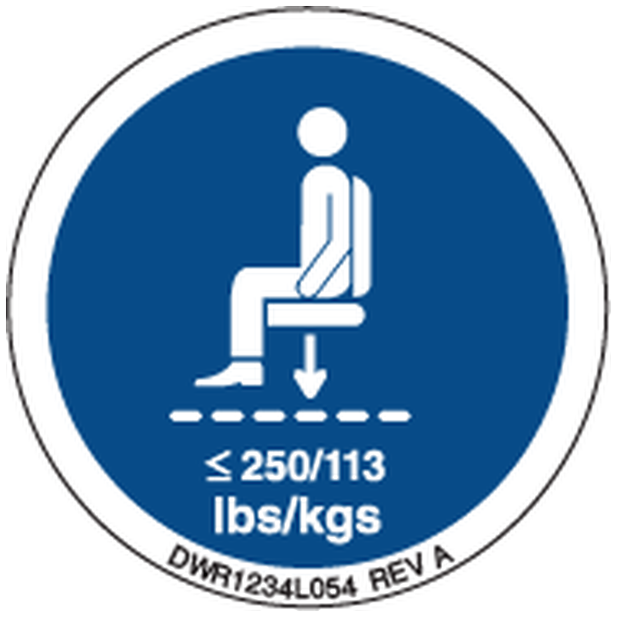 Pride Mobility DWR1234L054 decal icon maximum weight capacity 250lbs/113kg