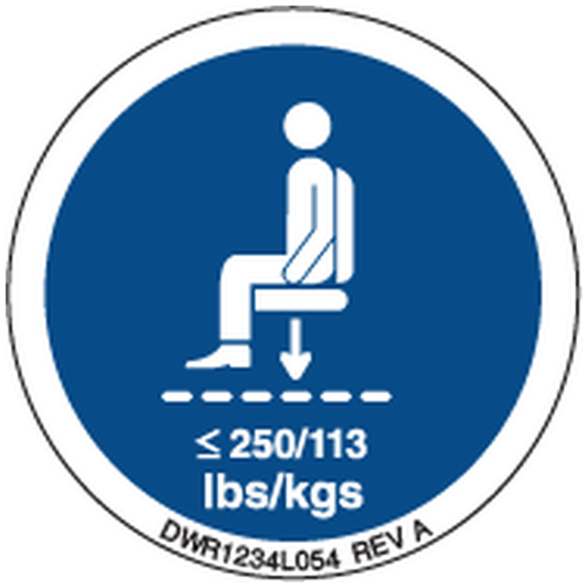 Pride Mobility DWR1234L054 decal icon maximum weight capacity 250lbs/113kg