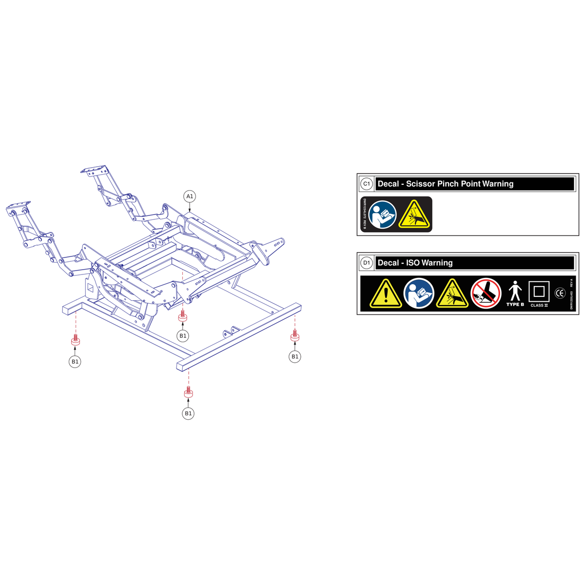 Pride Mobility DWR1234L072 decal icon owners manual and scissor 1.375 x 0.6875 inch parts diagram