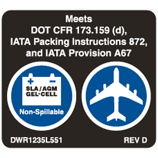 Pride Mobility (DWR1235L551), AGM gel cell DOT certified battery ISO decal.
