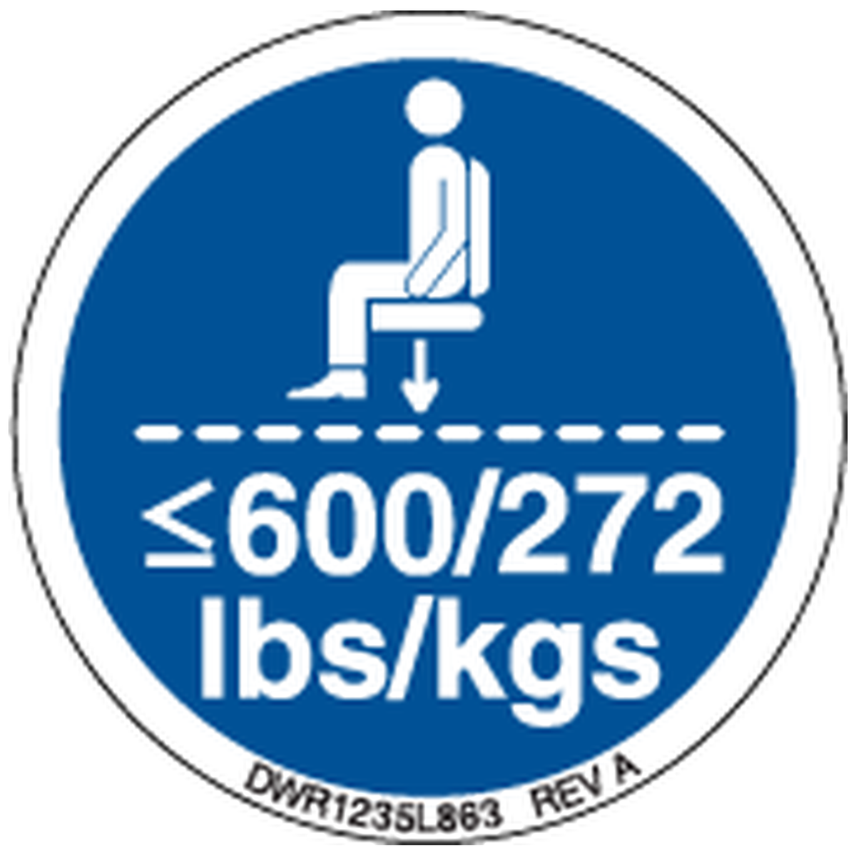 Pride Mobility DWR1235L863 decal icon maximum weight capacity 600lbs/272kg