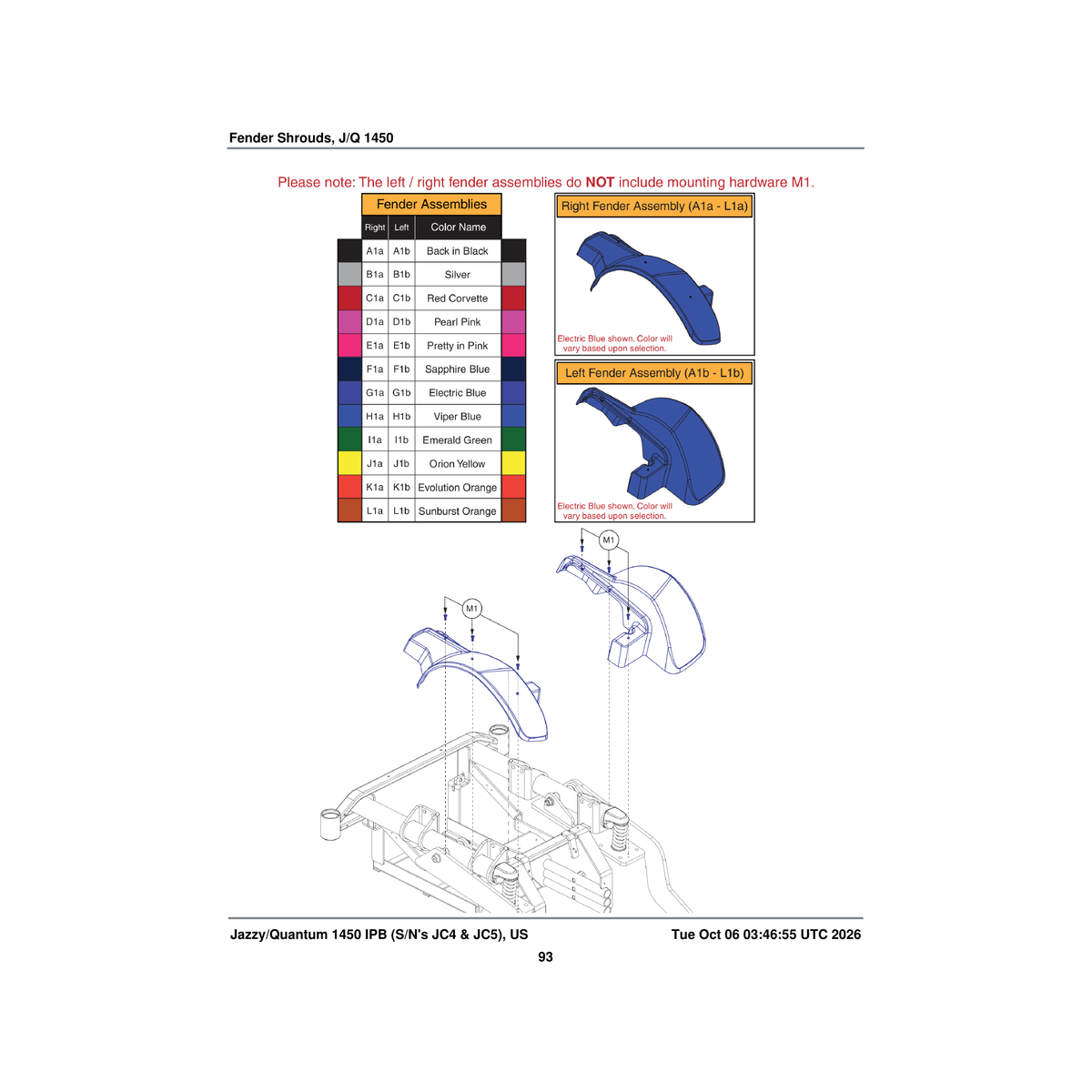 Pride Mobility DWR1660E021R shroud fender sapphire blue right jazzy/quantum1450 e-1660-021 parts diagram