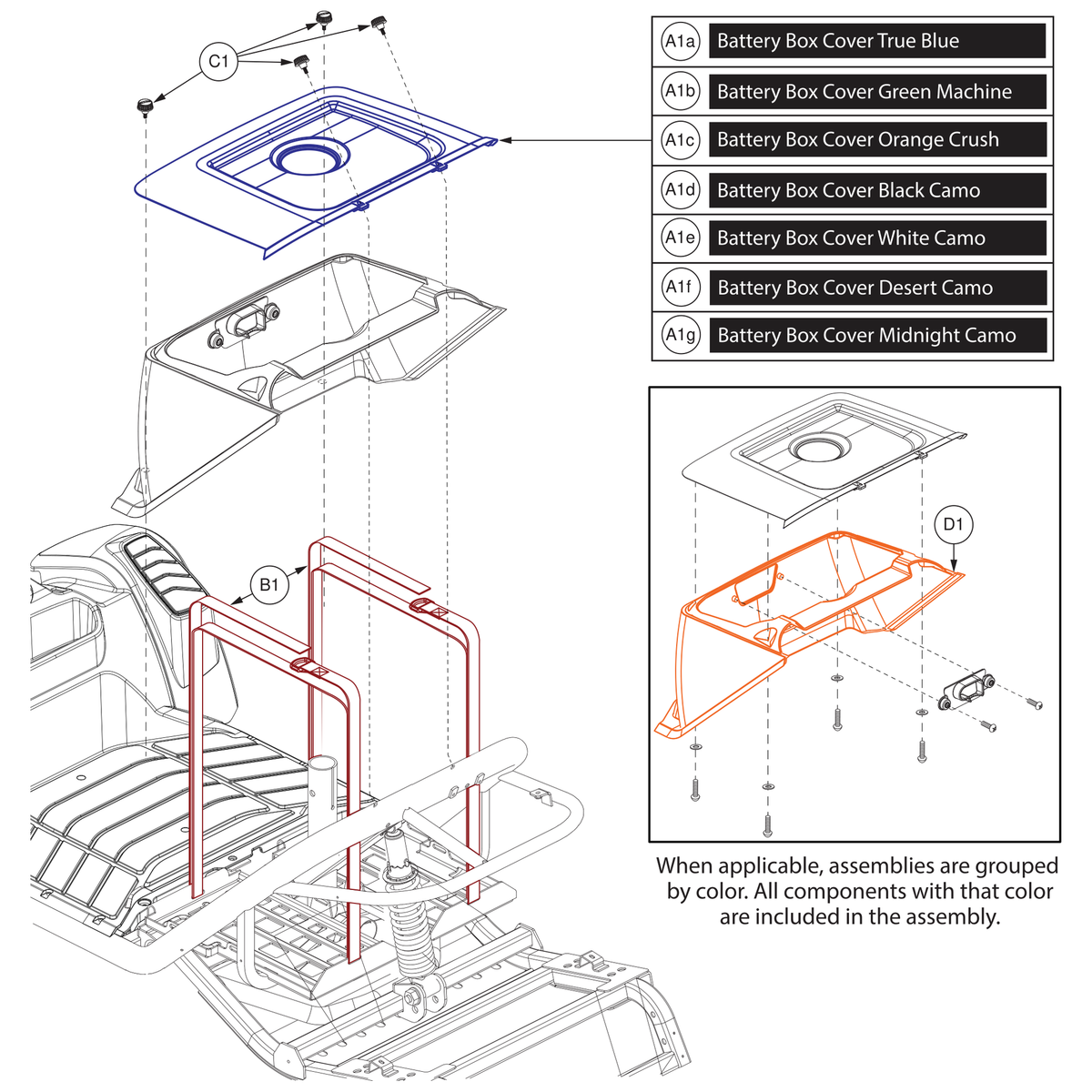 Pride Mobility DWR9762E062-WCM10-PCL2 battery box lid shroud white camo parts diagram