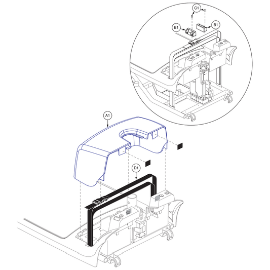 Pride Mobility (DWR9966D034), Pride parts diagram of the VA Victory 10 battery box shroud showing the black 100 inch battery strap, item D1.