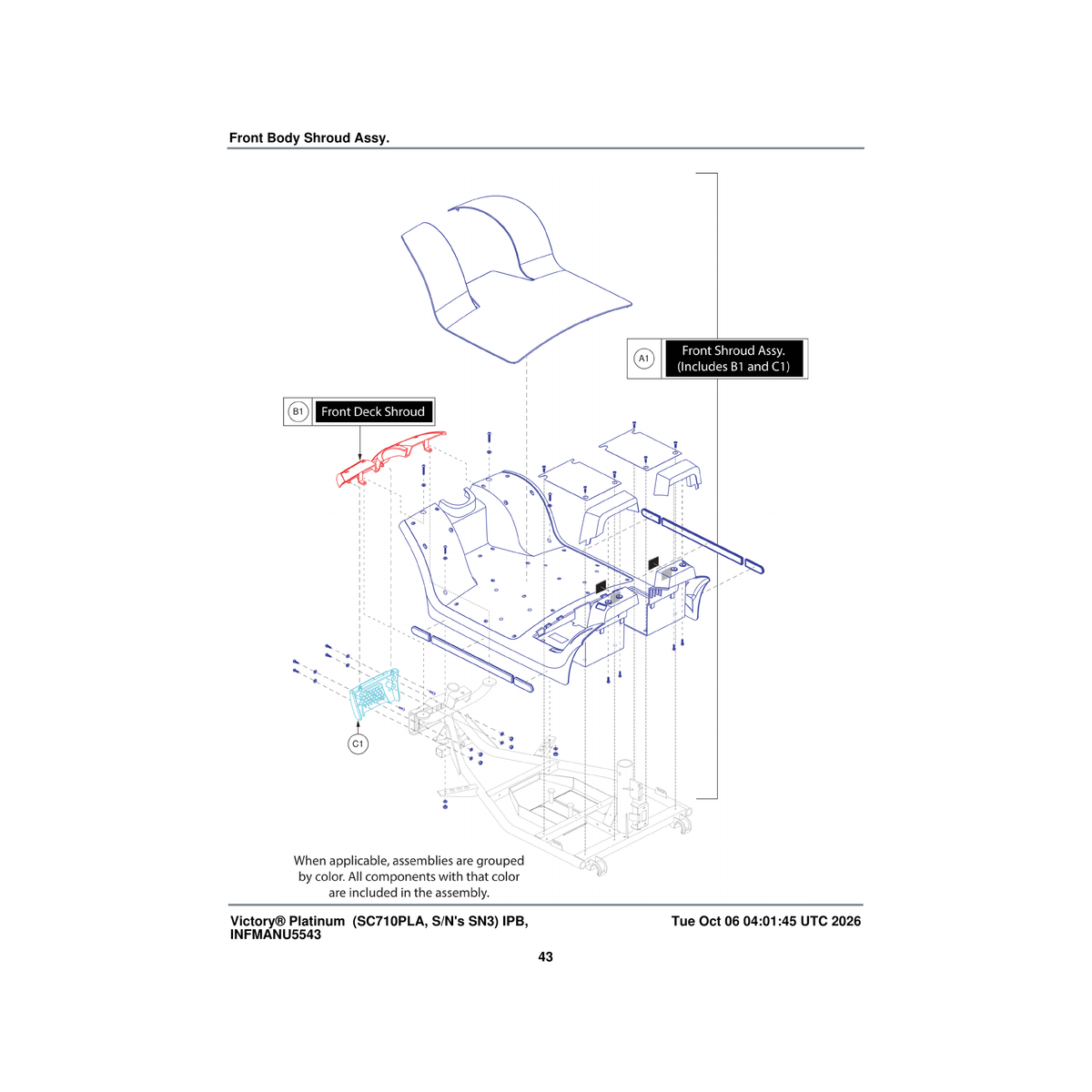 Pride Mobility DWR9966E037R shroud front deck mounting painted black pearl 4 wheel 10 inch e-9966-037 parts diagram