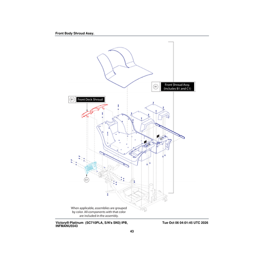 Pride Mobility DWR9966E037R shroud front deck mounting painted black pearl 4 wheel 10 inch e-9966-037 parts diagram