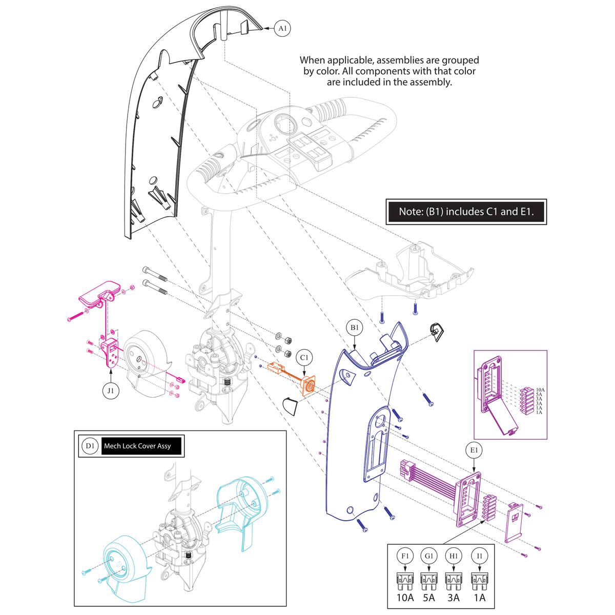 Pride Mobility DWR9966E060-TBK-03 front tiller shroud black with hand brake cutout parts diagram