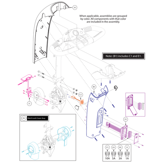 Pride Mobility DWR9966E060-TBK-03 front tiller shroud black with hand brake cutout parts diagram