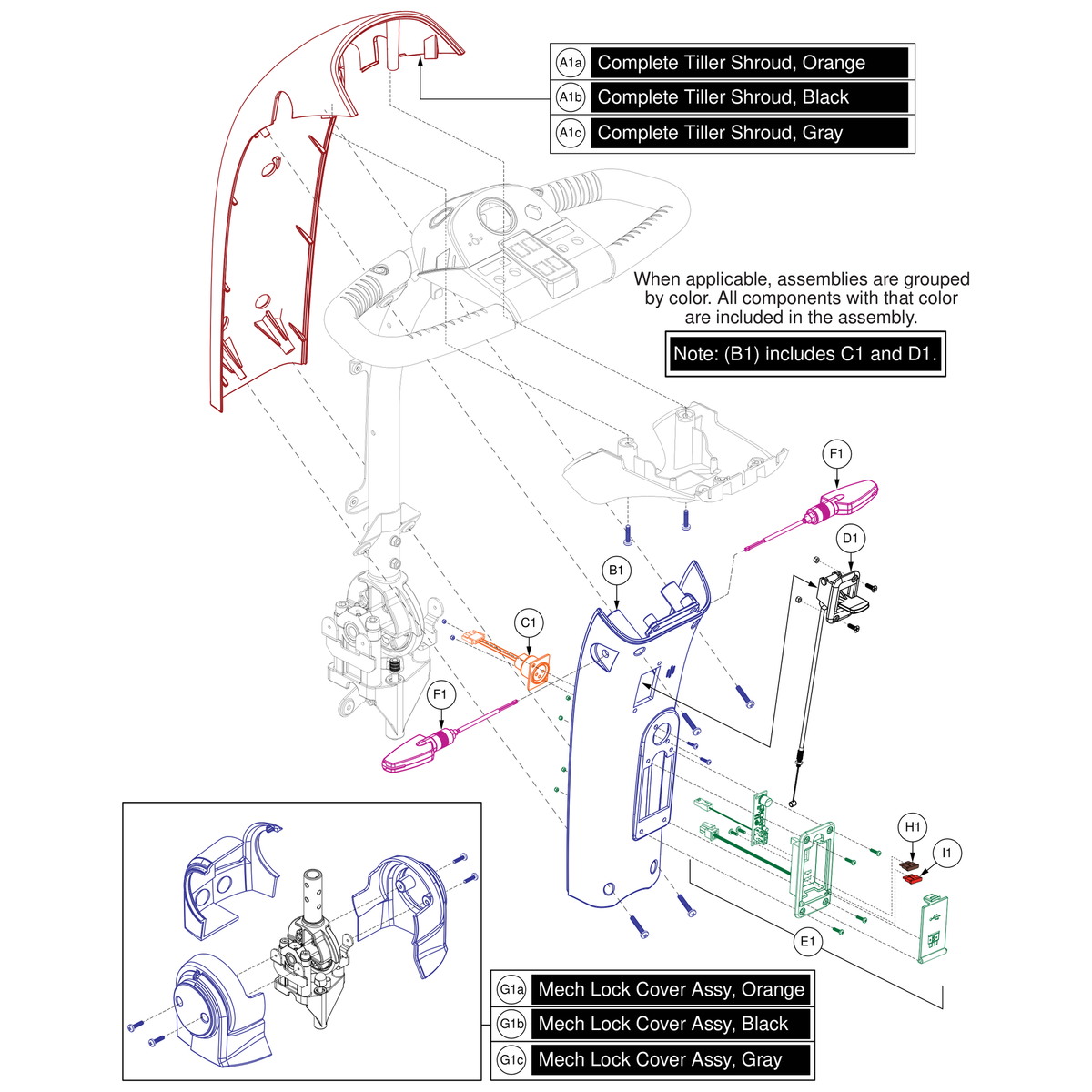Pride Mobility DWR9966E060-TOR2-POR8 front tiller shroud orange with handbrake parts diagram