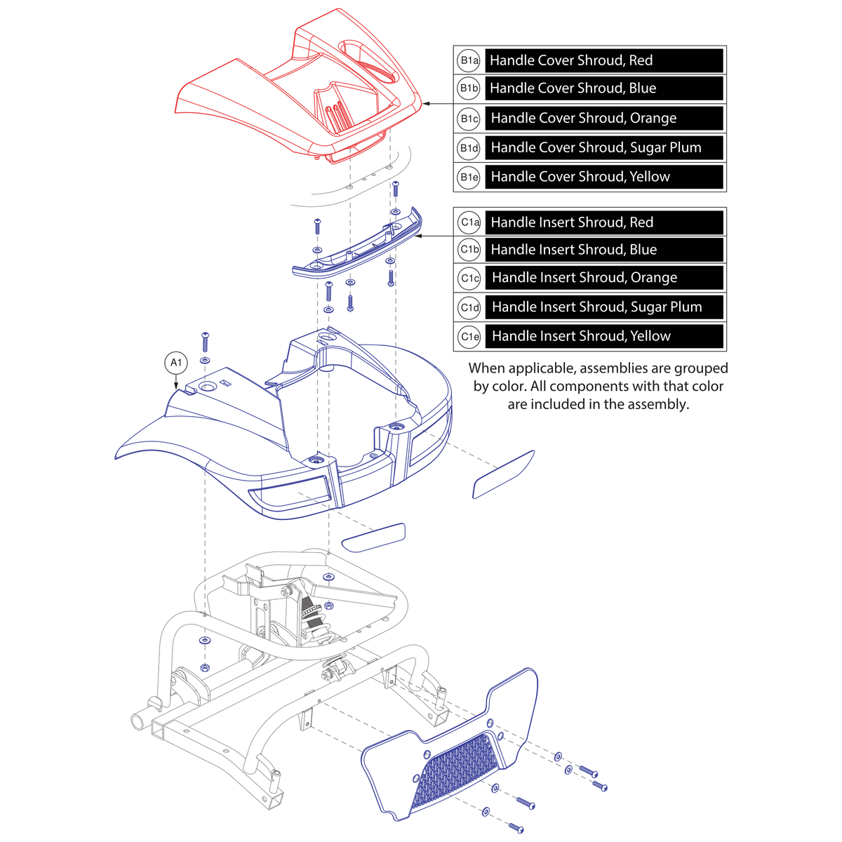 Pride Mobility DWR9967E012-TBU1 rear handle insert blue parts diagram