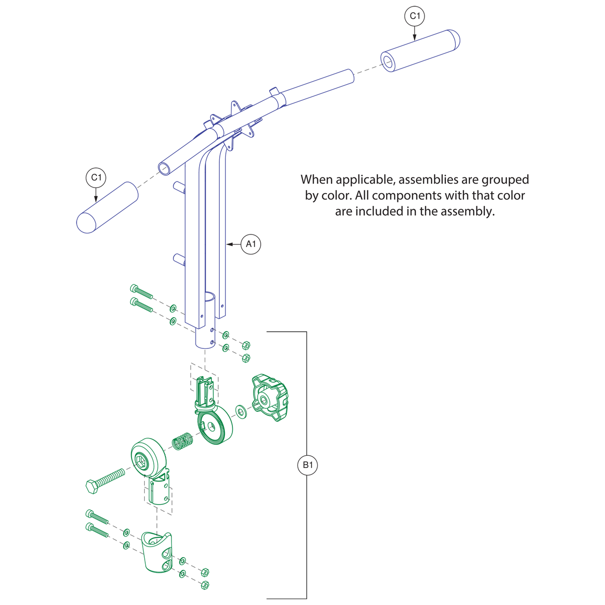 Pride Mobility DWR9968C015 tiller foam grip parts diagram