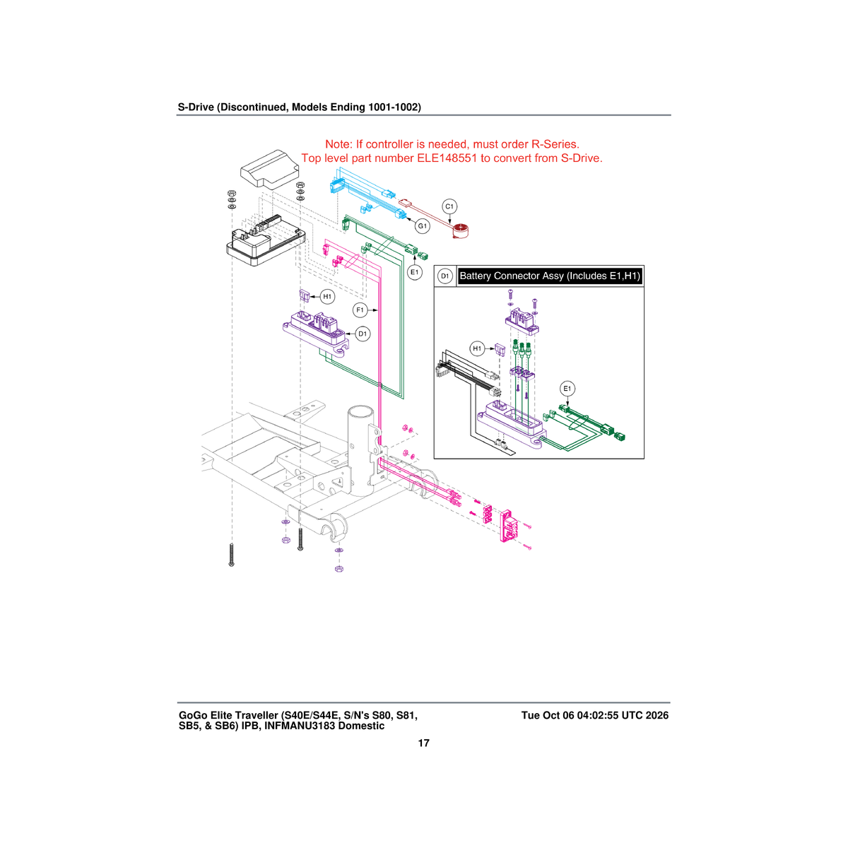 Pride Mobility DWR9983H003 controller battery/inhibit harness parts diagram
