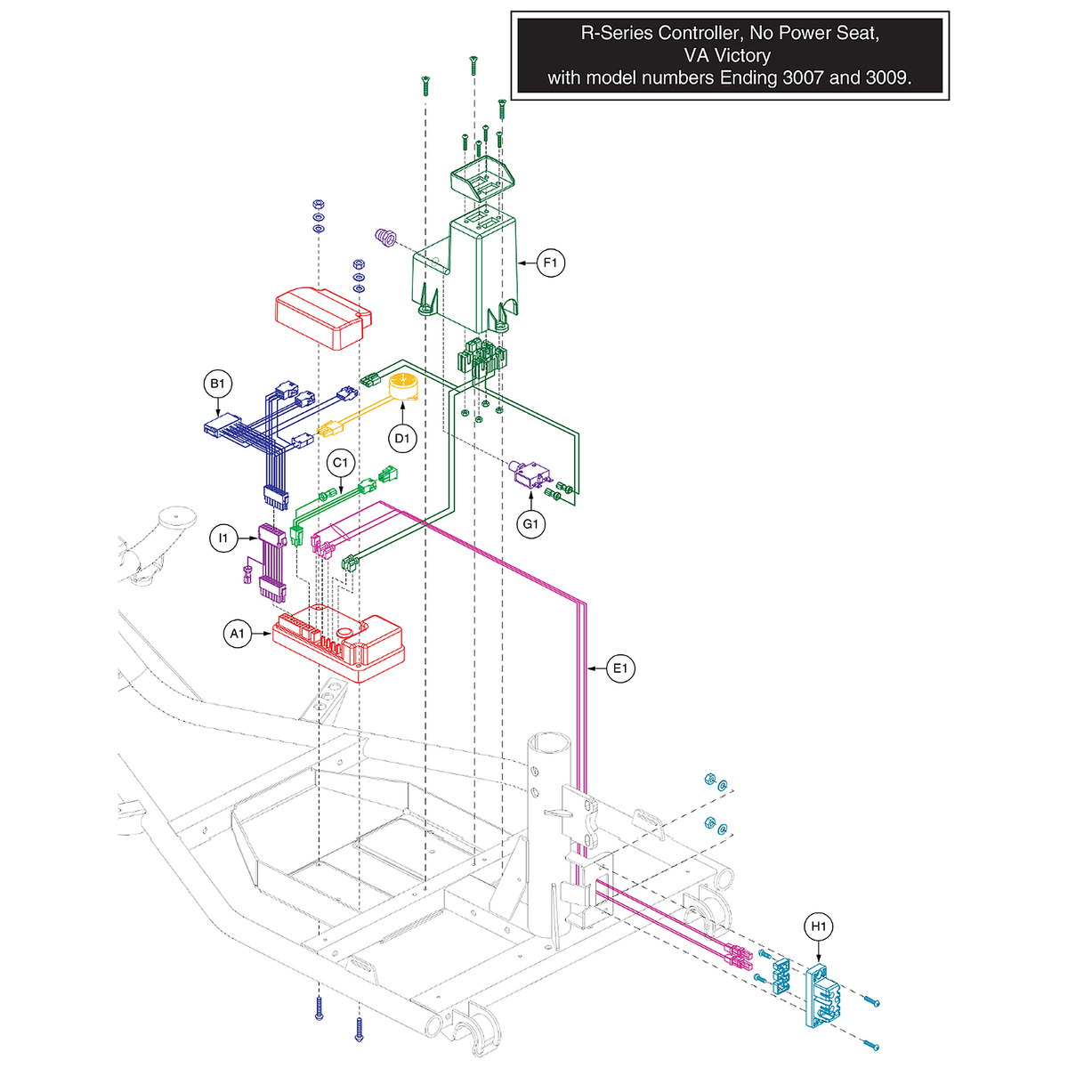 Pride Mobility (ELE2004892), Pride parts diagram of the VA Victory R-Series controller showing the Dynamic 90 amp controller with LED meter, item A1.