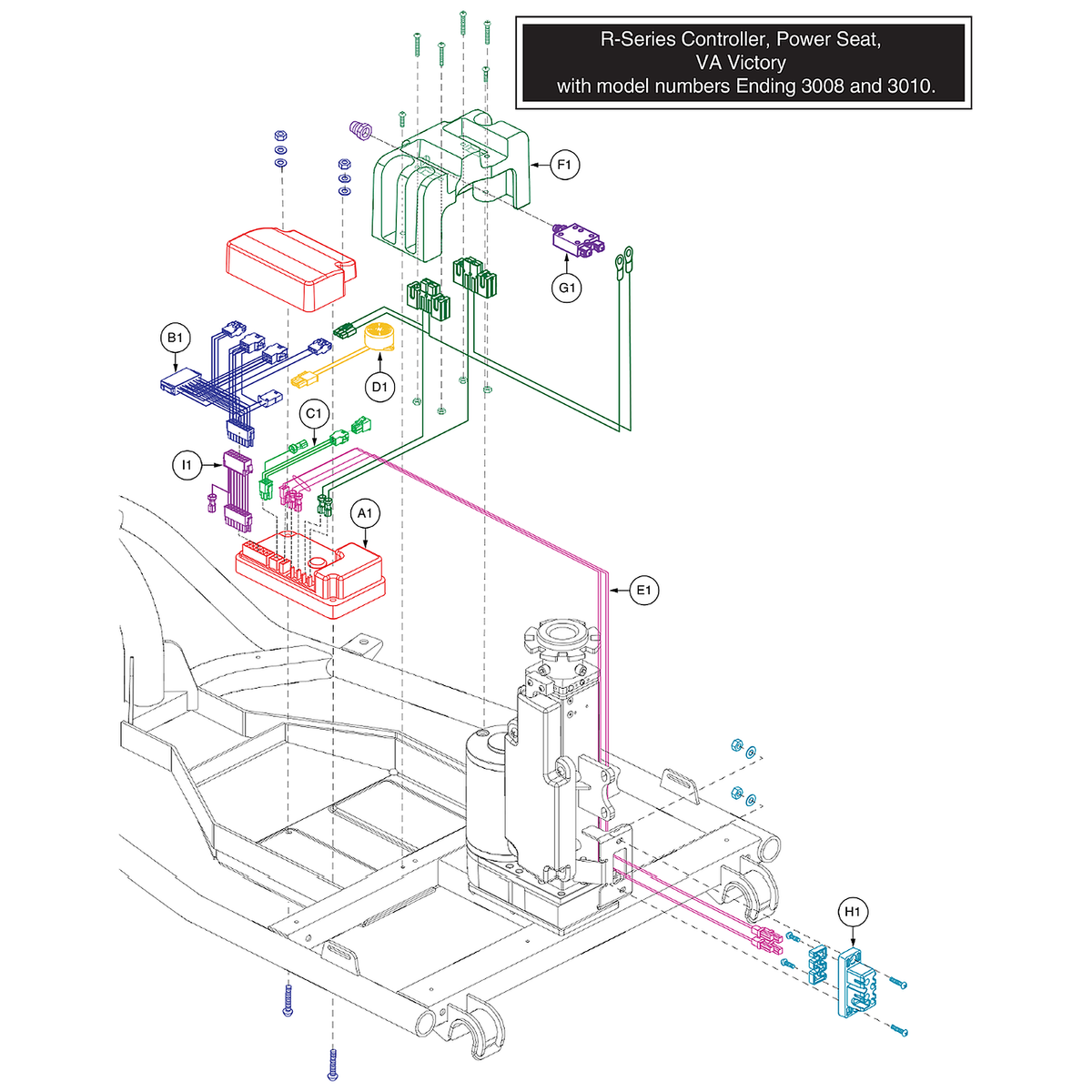 Pride Mobility (ELE2004901), Pride parts diagram of the VA Victory R-Series power seat controller showing the battery connection assembly with 40 amp circuit breaker, item F1.