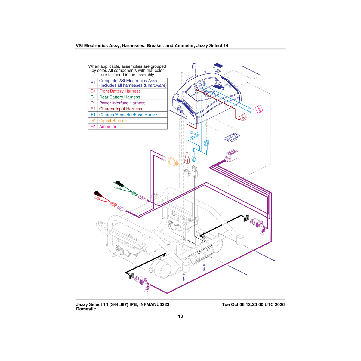 Pride Mobility ELEASMB3454 assembly battery cable black/white with 125a/32v fuseable parts diagram