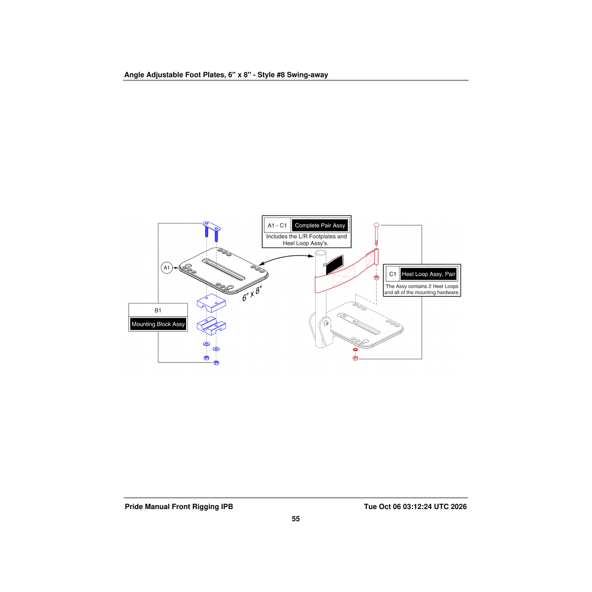 Pride Mobility FRMASMB10011 6 inch x 8 inch footplate assembly with mat & 0.875 inch parts diagram