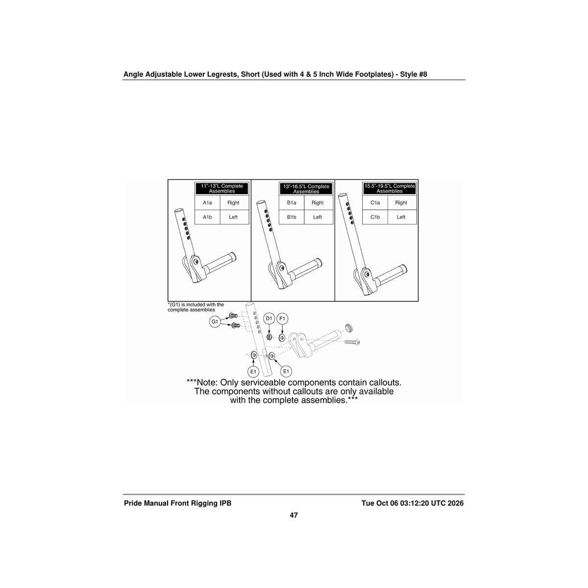 Pride Mobility FRMASMB10024 lower extension legrest assembly 15.5 inch -19.5 inch angle parts diagram