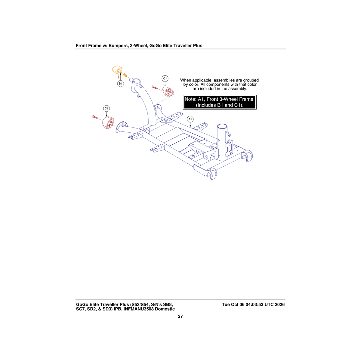 Pride Mobility FRMASMB10674 front frame assembly 3 wheel parts diagram