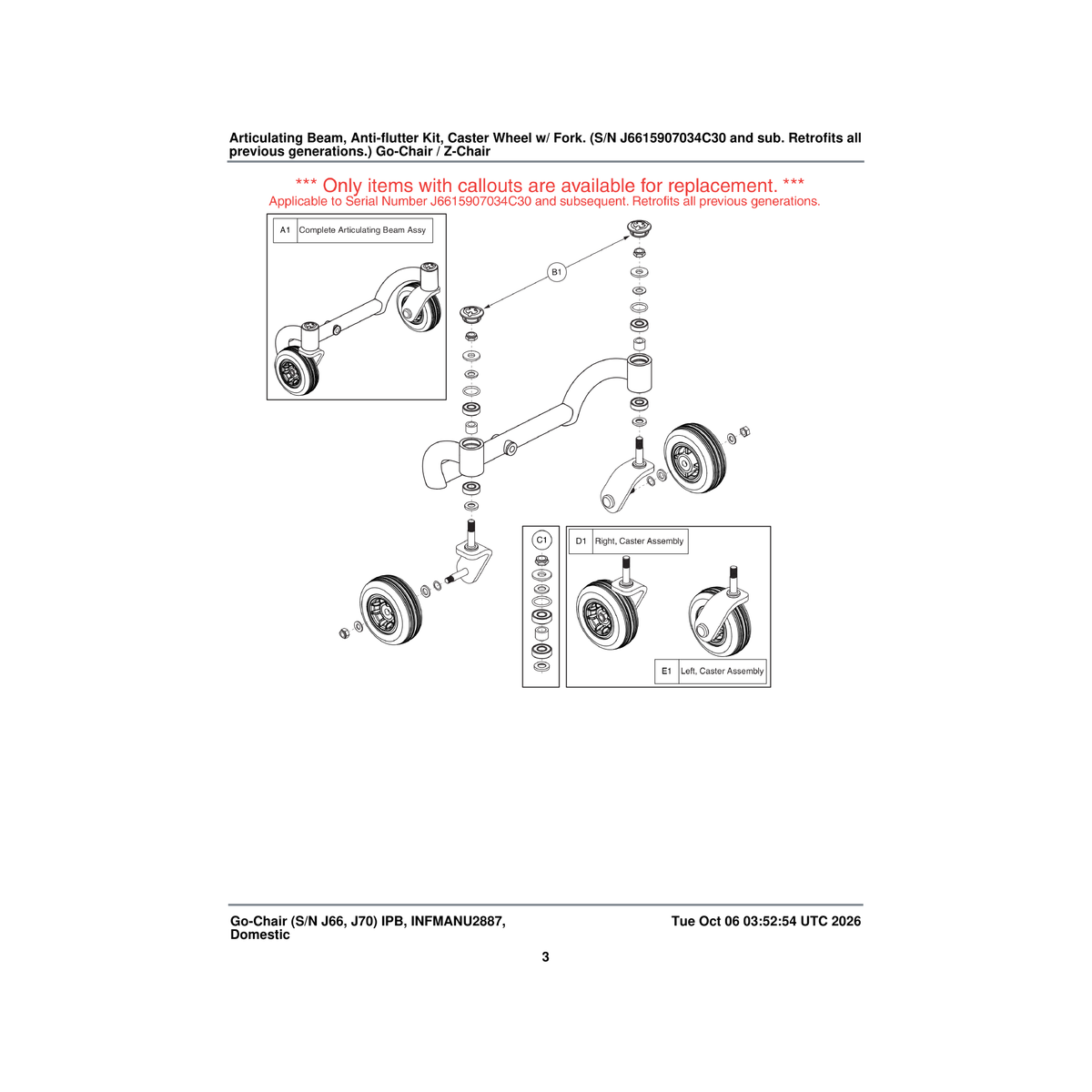 Pride Mobility FRMASMB10949 5 inch flat free wheel caster assembly right go chair/select parts diagram