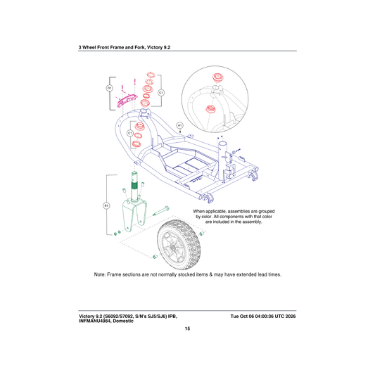 Pride Mobility FRMASMB11975 front frame assembly 9 inch 3 wheel parts diagram