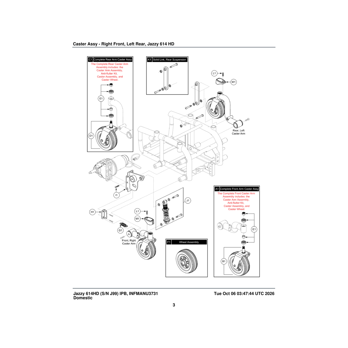 Pride Mobility FRMASMB12474 flat free caster assembly 6 inch wheel with fork right jazzy614 parts diagram