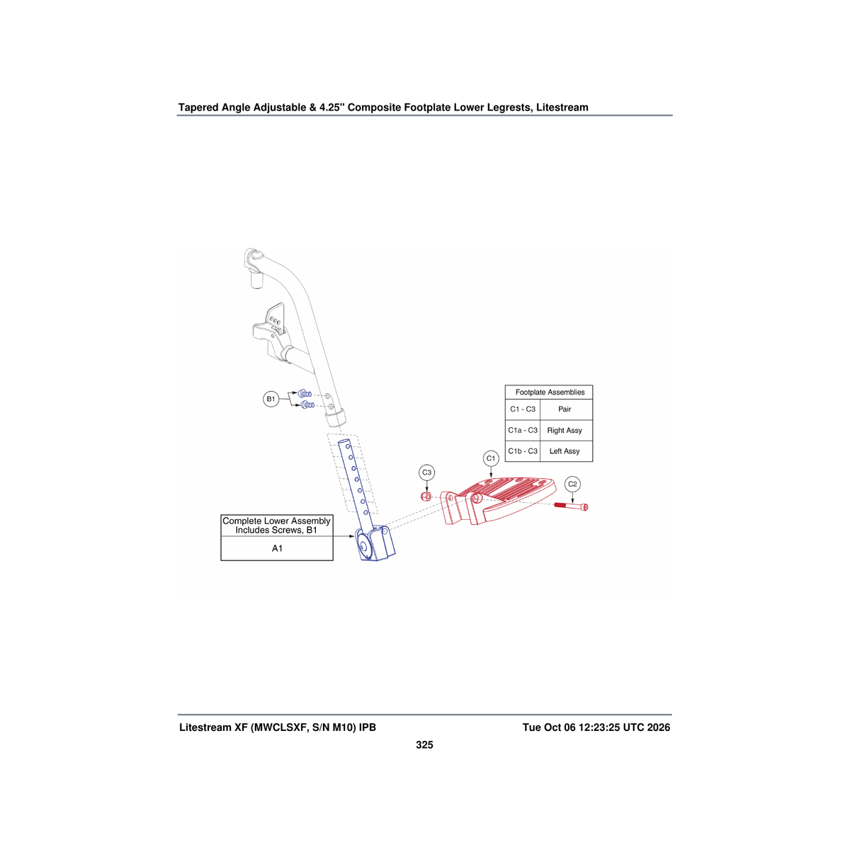 Pride Mobility FRMASMB12543 angle adjustable footrest assembly tapered lower parts diagram